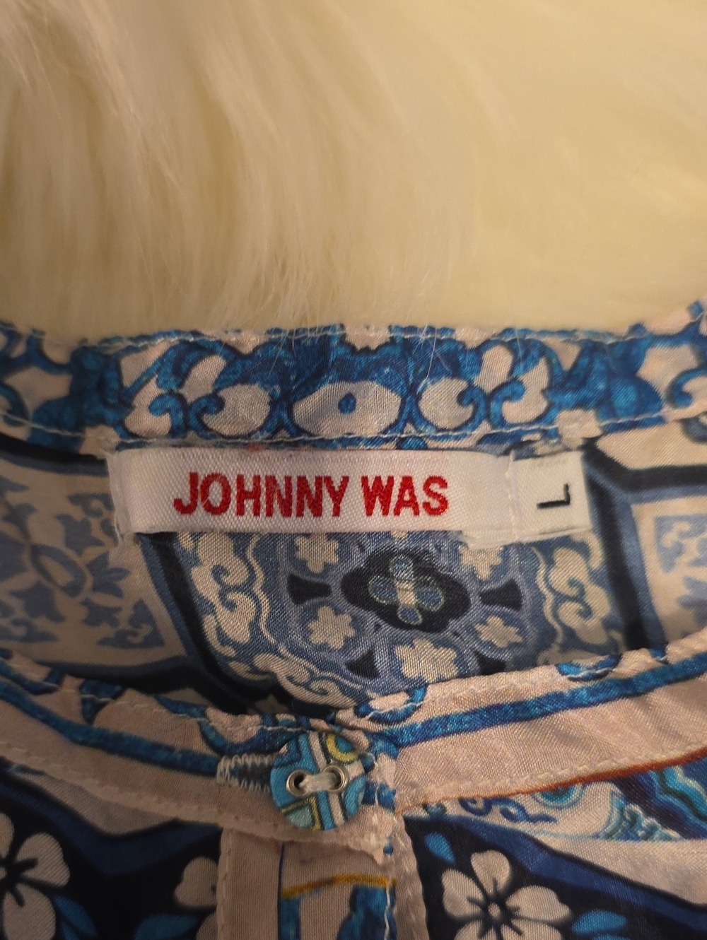 Johnny Was Multicolor Blue Paisley Patchwork Tunic Size L 100% SILK - Picture 2 of 6